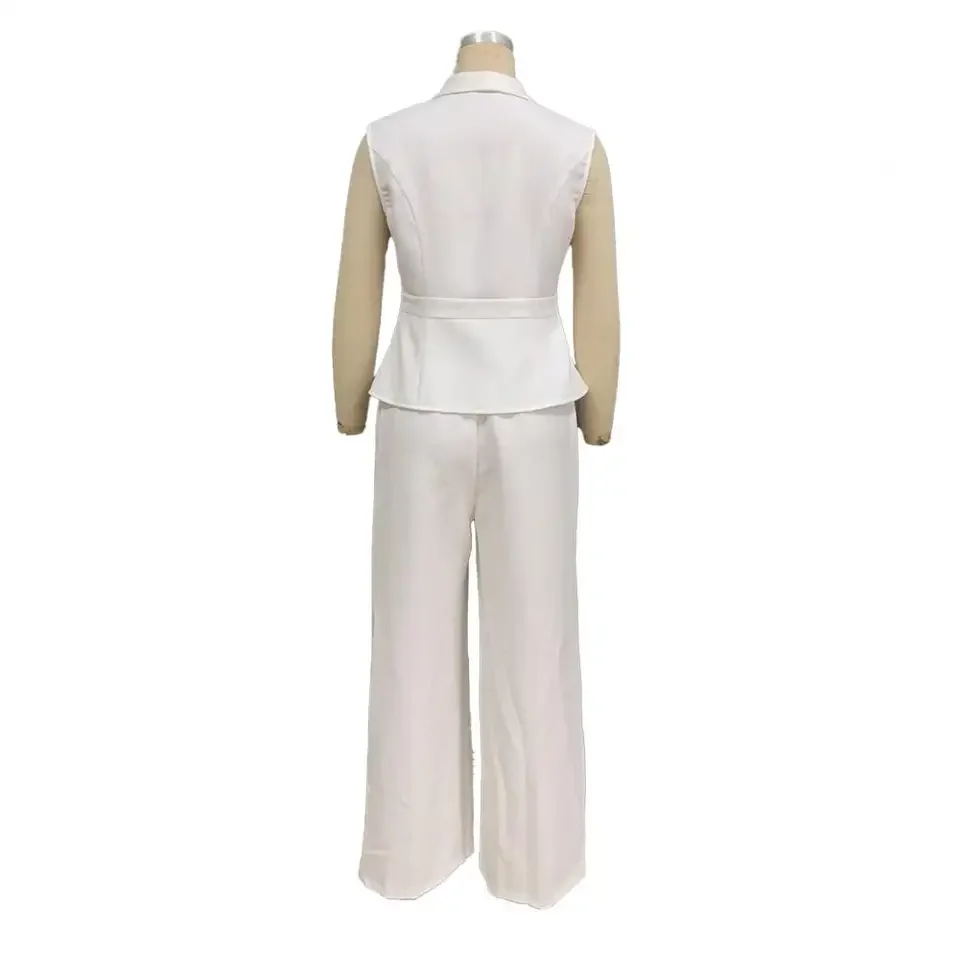 

Women's White Sleeveless Set Wide Leg Pants Elegant V Neck Asymmetric Top Formal Office Party 2 Piece Suit Outfits