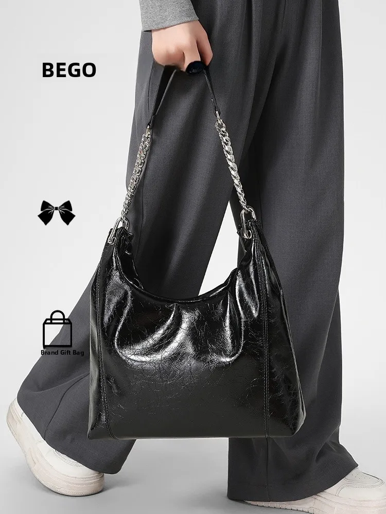 BEGOOER Korean Style Soft Leather Tote Bag with Chain Large Capacity Lazy Vacation Single Shoulder Bag Casual Minimalist