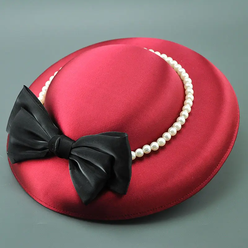 

Французский стильный большой атласный свадебный головной убор, винтажный, для коктейльных вечеринок, банкетов, церковных мероприятий, для невесты, с бантом и жемчугом, фасинатор, заколка для волос, шляпка для свадьбы