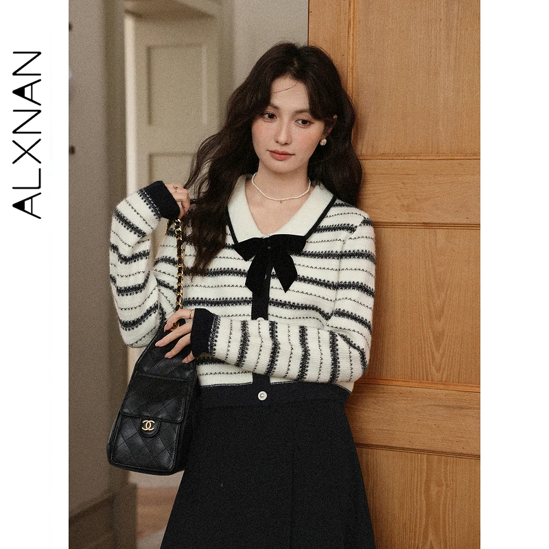 ALXNAN حجم كبير سترة مخططة القوس الخامس الرقبة واحدة الصدر المرأة محبوك سترة 2025 خريف شتاء فضفاضة تناسب القمم D57521 #3