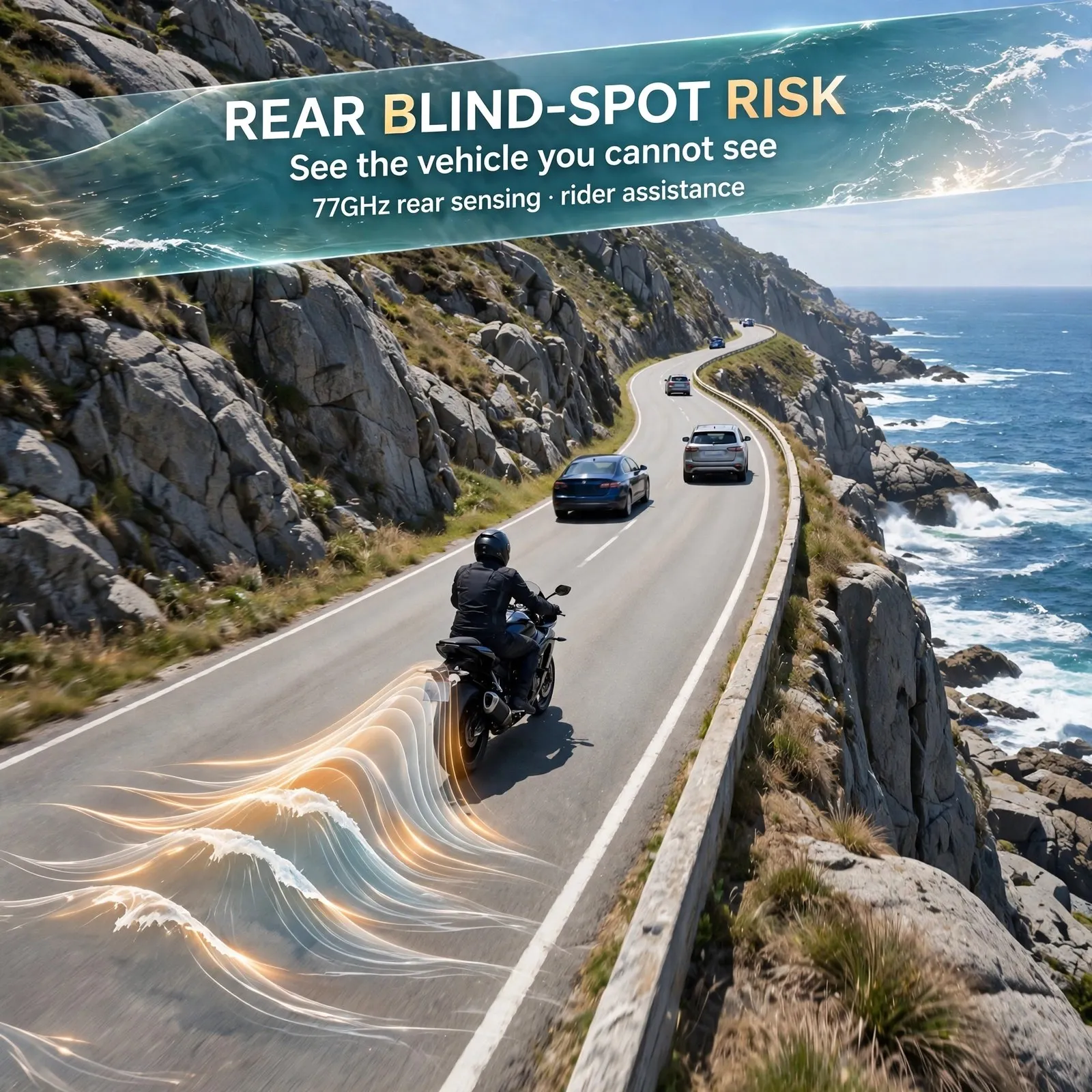 77GHz Blind Spot Radar for Motorcycles – Dual LED Warning Indicators, Rear Detection Up to 70m, BSD 8.4m / LCA 50m (TTC≤5s), IP6