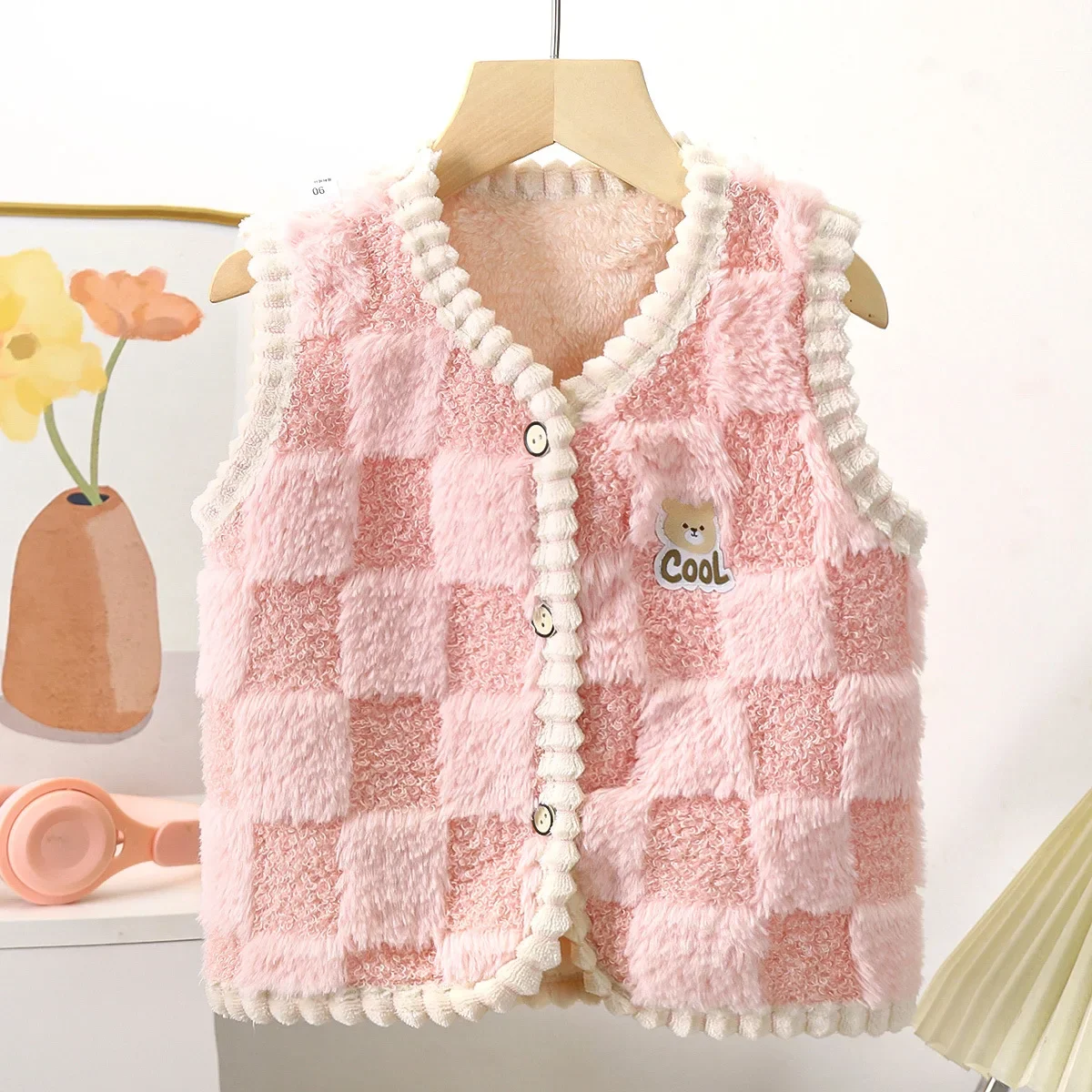 Autumn Winter Children's Coat Kids Fleece Vest Baby Double Thick Warm Gilet Checkered Pattern Boys Girls Sleeveless Outerwear