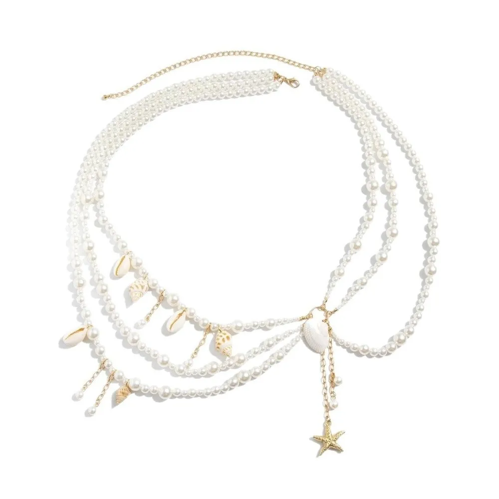 Multilayer Pearl Waist Chain Starfish Shell Pendant Tassel Body Chain Belt Elegant Stylish Waist Accessories Beach Vacation