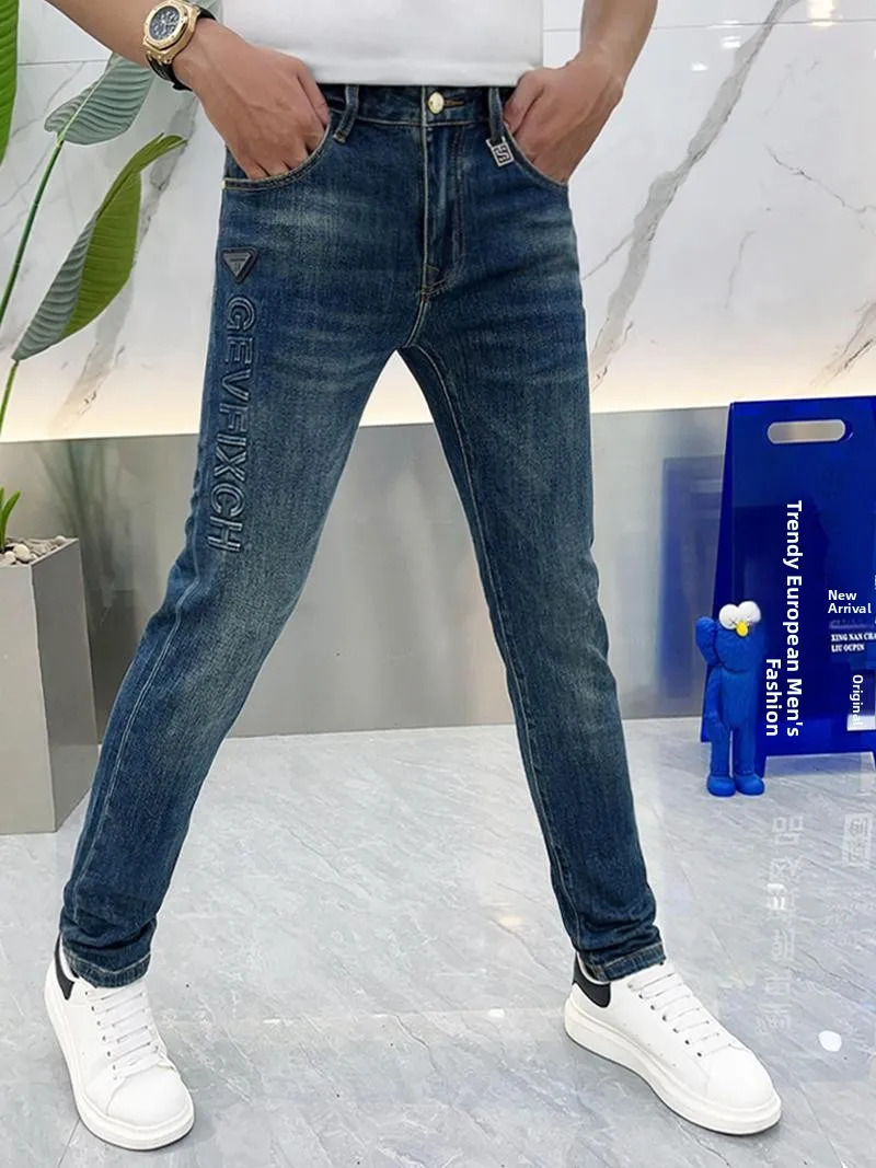 

Simple Faion Men's Jeans Autumn Casual All-Match Slim Fit Korean Version Small Foot Long Pants Letter Print Comfortable Wear