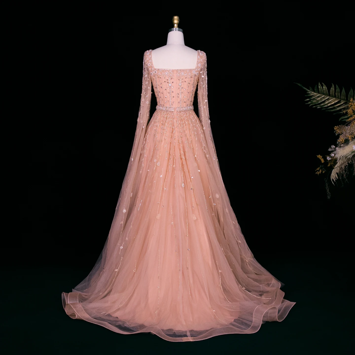 Sharon Said Luxuriöses Flieder-Champagner-Abendkleid mit Quadratischem Ausschnitt und Ärmeln, Rosa Muslimisches Abendkleid für Hochzeitsfeier, SS494 Maßanfertigung – Detail 9