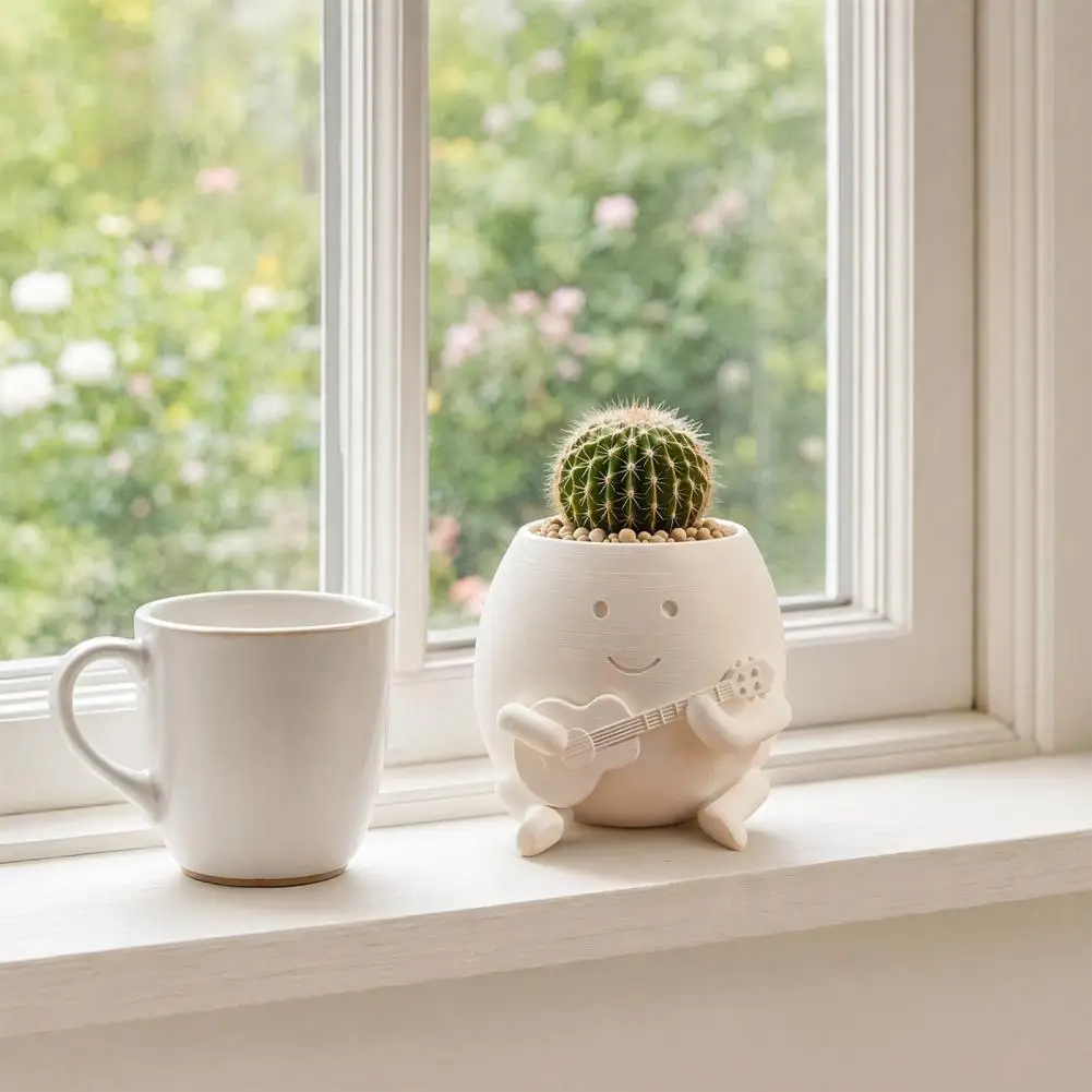 Guitarist Flowerpot Compact Flowerpot for S Guitarist Big Head Planter Flower Pot Cute Smiling Face Holder Fun Guitar for Cacti