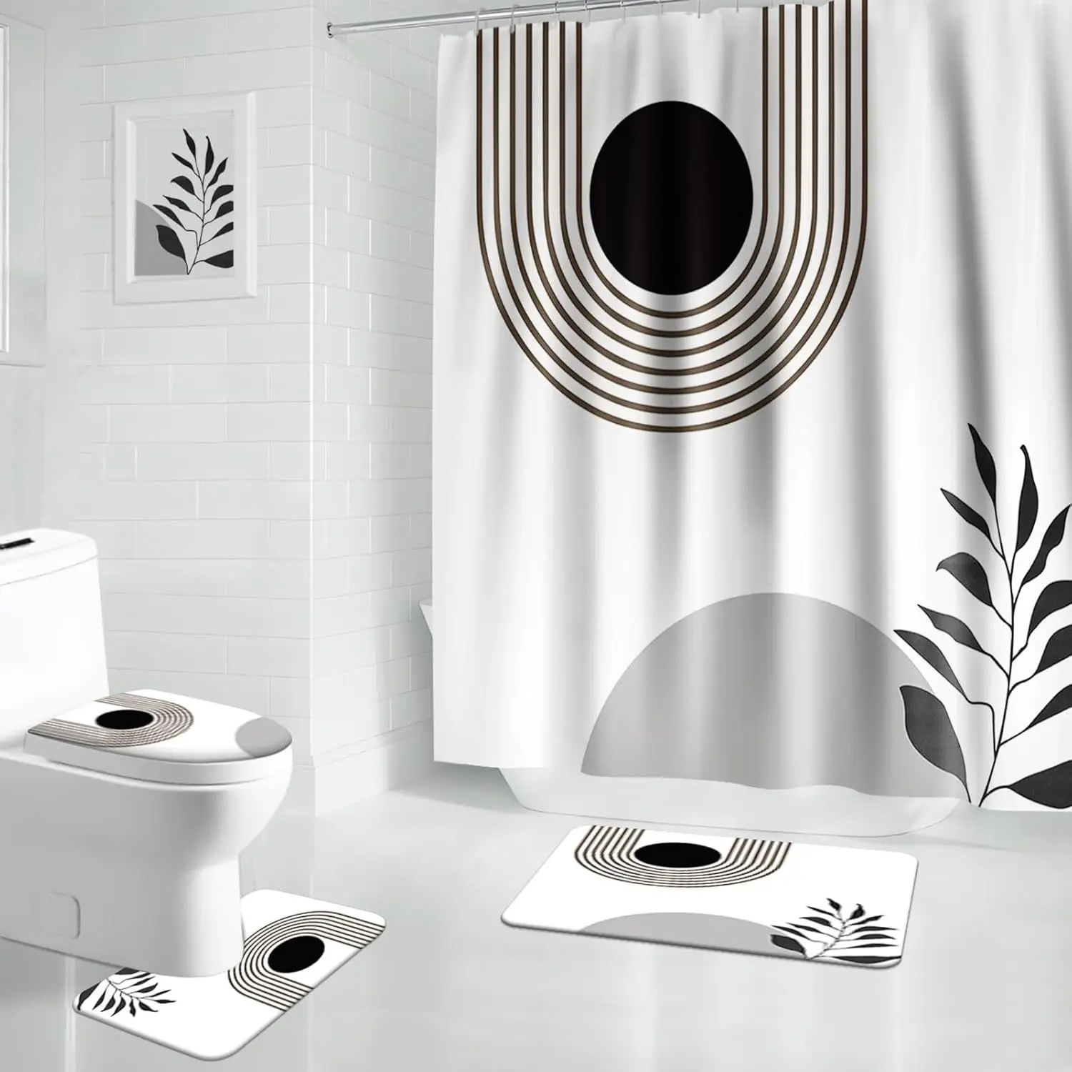 

4 Piece Mid-Century Bathroom Shower Curtain and Rug Set, Modern Shower Curtain Set with Rug, Toilet Seat, U-Shaped Bath Mat