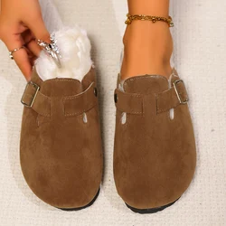 Fur Boston Clogs For Women Winter Fashion Cork Insole Warm Plush Slippers Shoes With Arch Support Cozy Home Furry Suede Mules