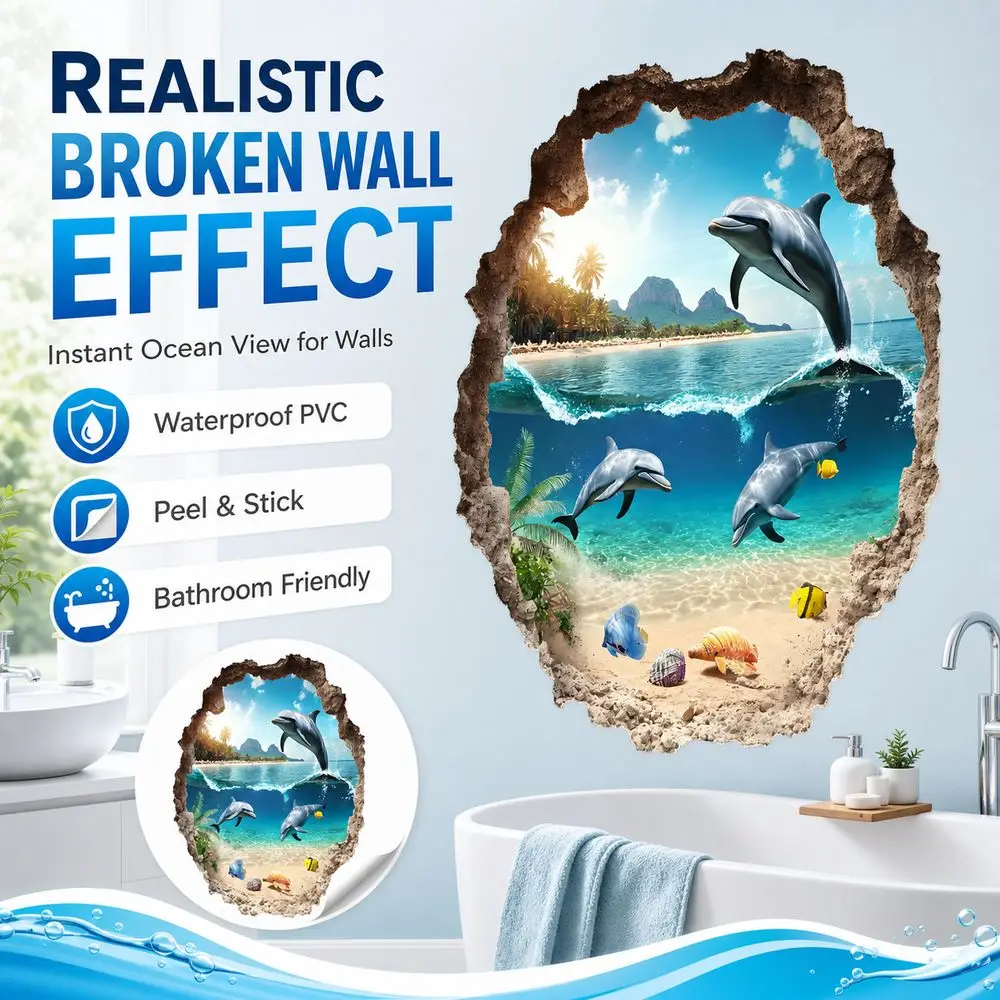 Self Adhesive Ocean Wall Sticker Waterproof PVC Dolphin Wall Sticker Broken Wall Effect Ocean Scene Wall Decal Bathroom Decor