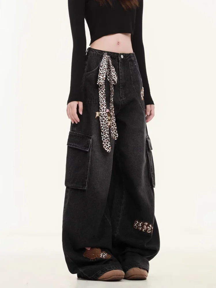 Celana Jeans Cargo Wanita Model Baggy Patchwork Leopard Cyber Y2K 2025, Celana Panjang Katun Hitam Dicuci