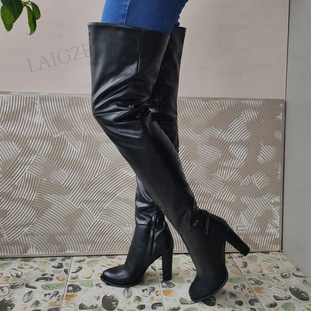 SEIIHEM Women Thigh High Boots Side Zip Round Toe Faux Leather Over Knee Boots Unisex Ladies Shoes Woman Plus Size 41 45 50 52