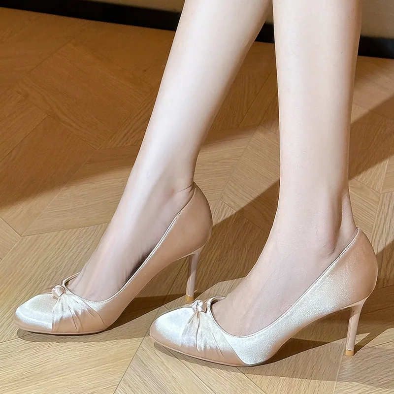 Womens Pumps Almond Toe High Stiletto Heel Satin-Look Upper Slip On Pleated Knot Detail Evening Dress Shoes