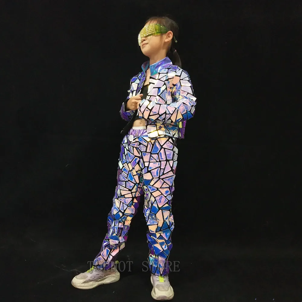 ファッションレーザースパンコール子供ジャズヒップホップダンスモデルキャットウォーク衣装コスチュームガールズストリートダンスパープルジャケットパンツ2点セット