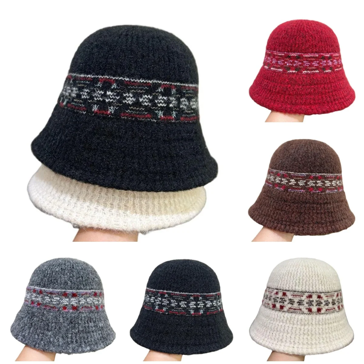 Autumn and Winter Famous Style Knitted Bucket Hat Retro Small Face Sweet Street Basin Hat Bag Head Ear Protection Warm Cold Hat