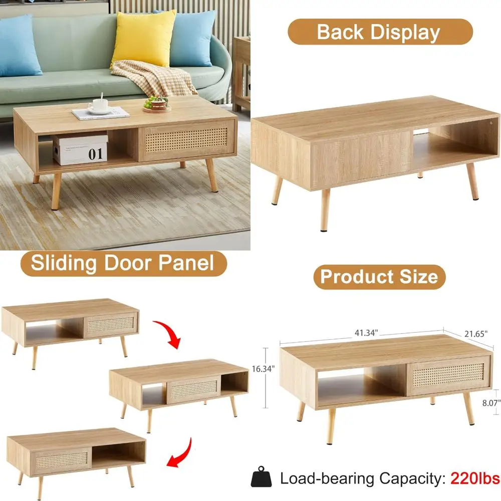 

Mid Century Modern Storage Coffee Table, 41.3 Inch Rectangular Wooden Accent Table with Sliding Rattan Door