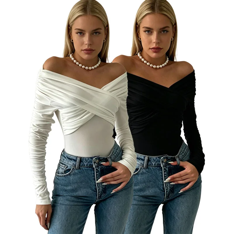 

Women Off Shoulder Cross Wrap Bodysuit Long Sleeve Ruched Slim Fit Black Body Top Elegant Club Night Out Tight Basic Jumpsuit