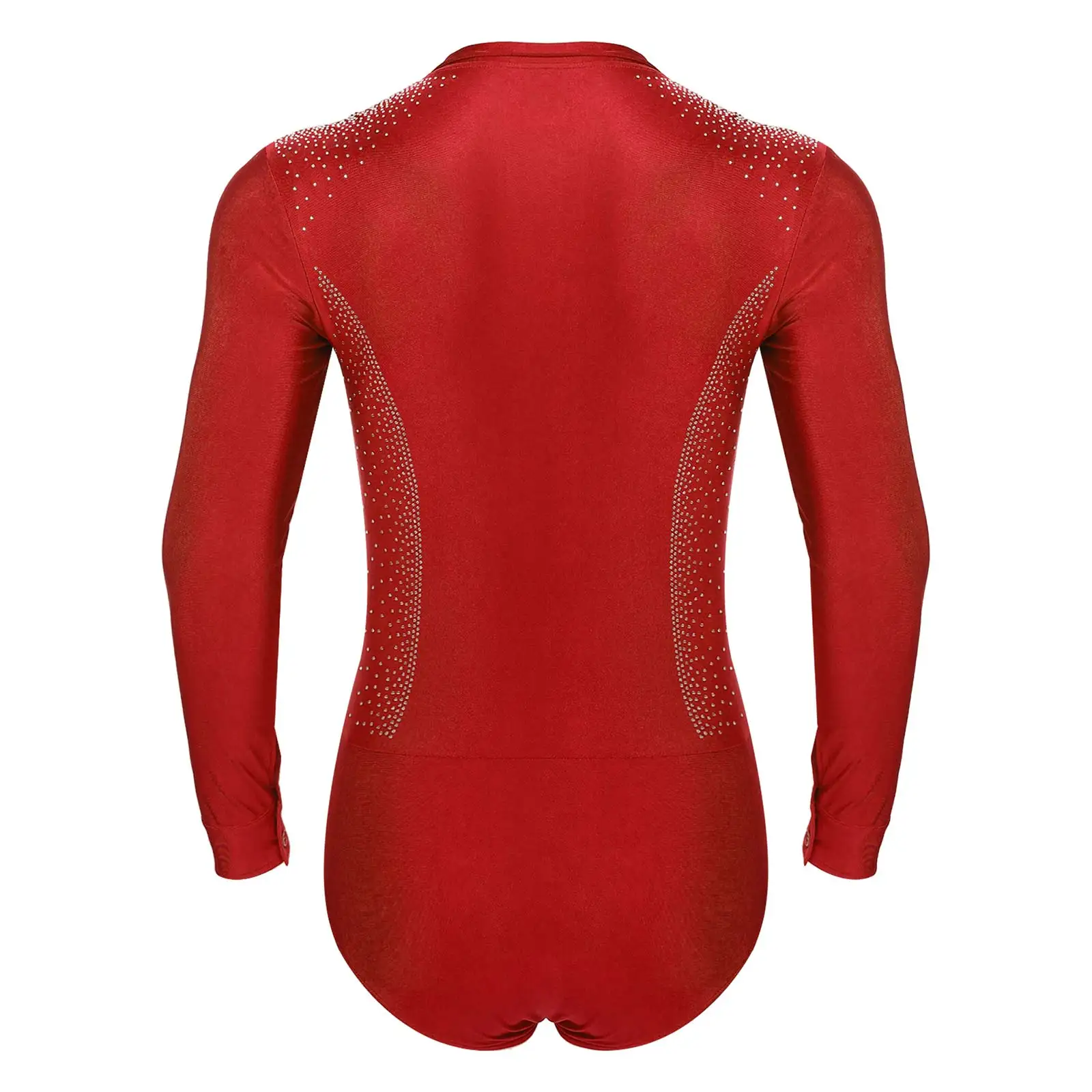 Mens Gymnastics Figure Skating Latin Dance Bodysuit Tango Performance Costume V-neck Long Sleeve Sparkling Rhinestones Leotard