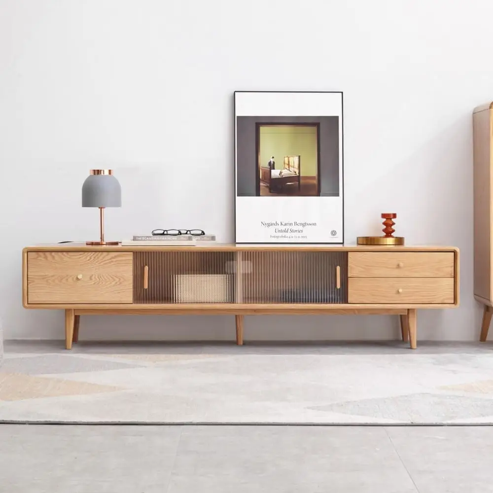

Solid Oak TV Stand for 70-85 Inch TVs with Glass Sliding Door, Storage, 2 Drawers, and 3 Cabinets