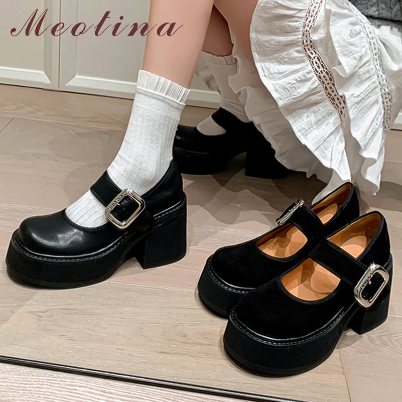 Meotina Women Genuine Leather Mary Janes Pumps Round Toe Thick High Heels Buckle Platform Ladies Fashion Shoes Spring Autumn