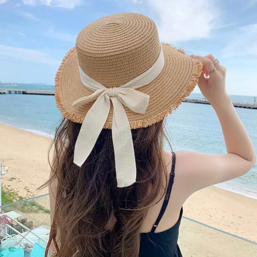 New Flat Top Straw Hat Wide Brim UV Protect Sunscreen Hat Sun Protection Ribbon Bow Sunshade Cap Outdoor