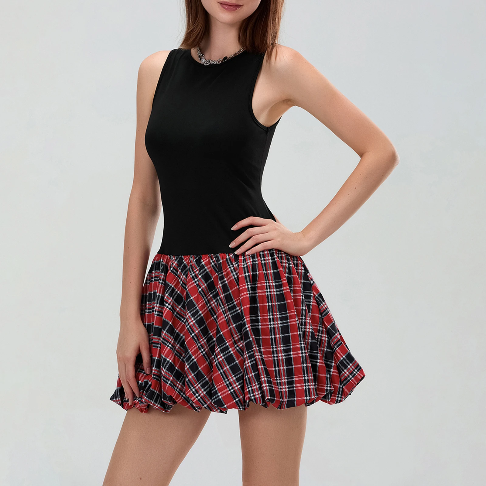 ผู้หญิงแขนกุดชุดลําลองฤดูร้อนลายสก๊อตพิมพ์ชุดมินิปาร์ตี้สําหรับ Beach Club Streetwear หญิง Vestido