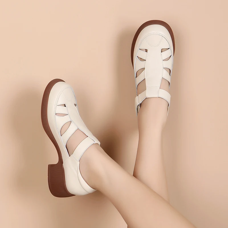 White Heels Summer Women Sandals Woman Summer 2024 Comfortable Genuine Leather Sandals Ladies Medium Heel Sandal Round Toe Roman