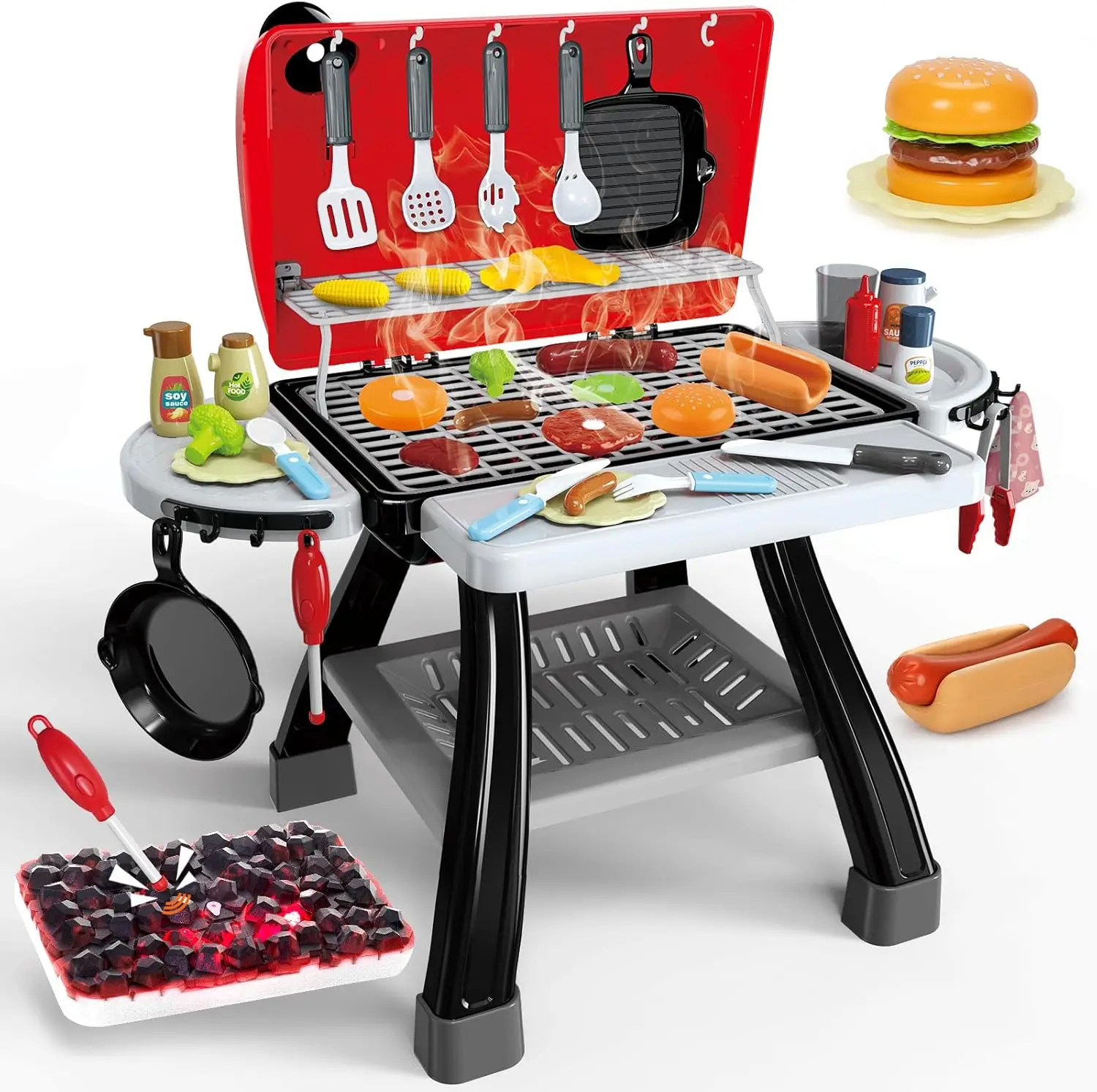 

Kids BBQ Grill Kitchen Playset with Smoke, Sound & Light, Pretend Play Food Toys Cooking Set, 2-Layer Barbecue Outdoor Play Toy