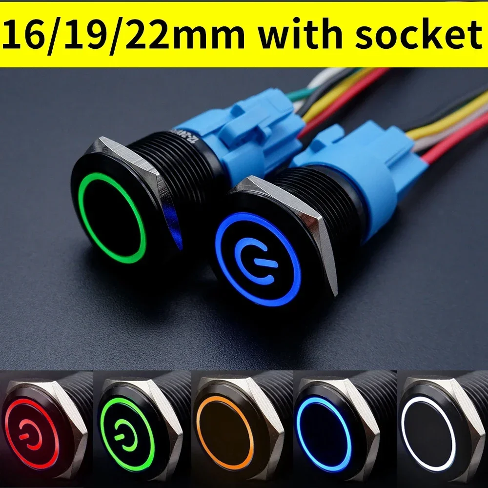 

16/19/22mm Black Push Button Switch Waterproof Illuminated Metal Momentary Latching Fixed On Off Power Switch Backlit LED 3V 12V