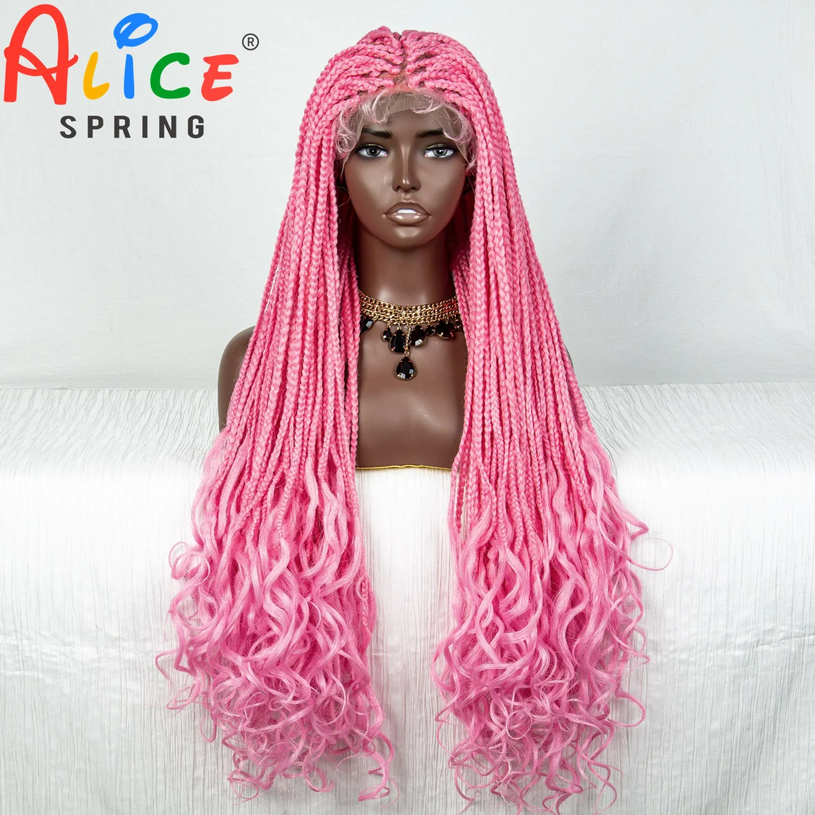 Peruca dianteira do laço trançado sintético com cabelo do bebê para mulheres negras, Knotless Box Braiding, rosa Crochet Braid, 36"