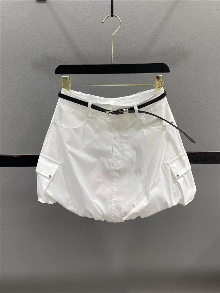 

White A-Line Fluffy Half Skirt Women's Summer Thin Anti-Aging Slimming Casual Versatile Cotton Blend Button Zipper Style