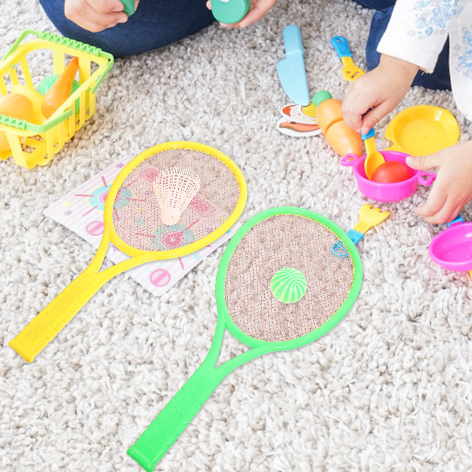 

1Set Tennis Racket Set Plastic 2 Rackets 2 Balls Random Colors Elastic Hands Child Coordination Outdoor Play Plastic Racket Set