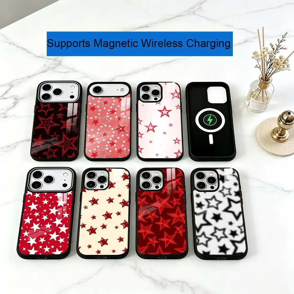 Ins Korea Red-d Stars-s Phone Case For iPhone17,16,15,14,13,12,11 Plus,Pro Compatible with magnetic wireless charging