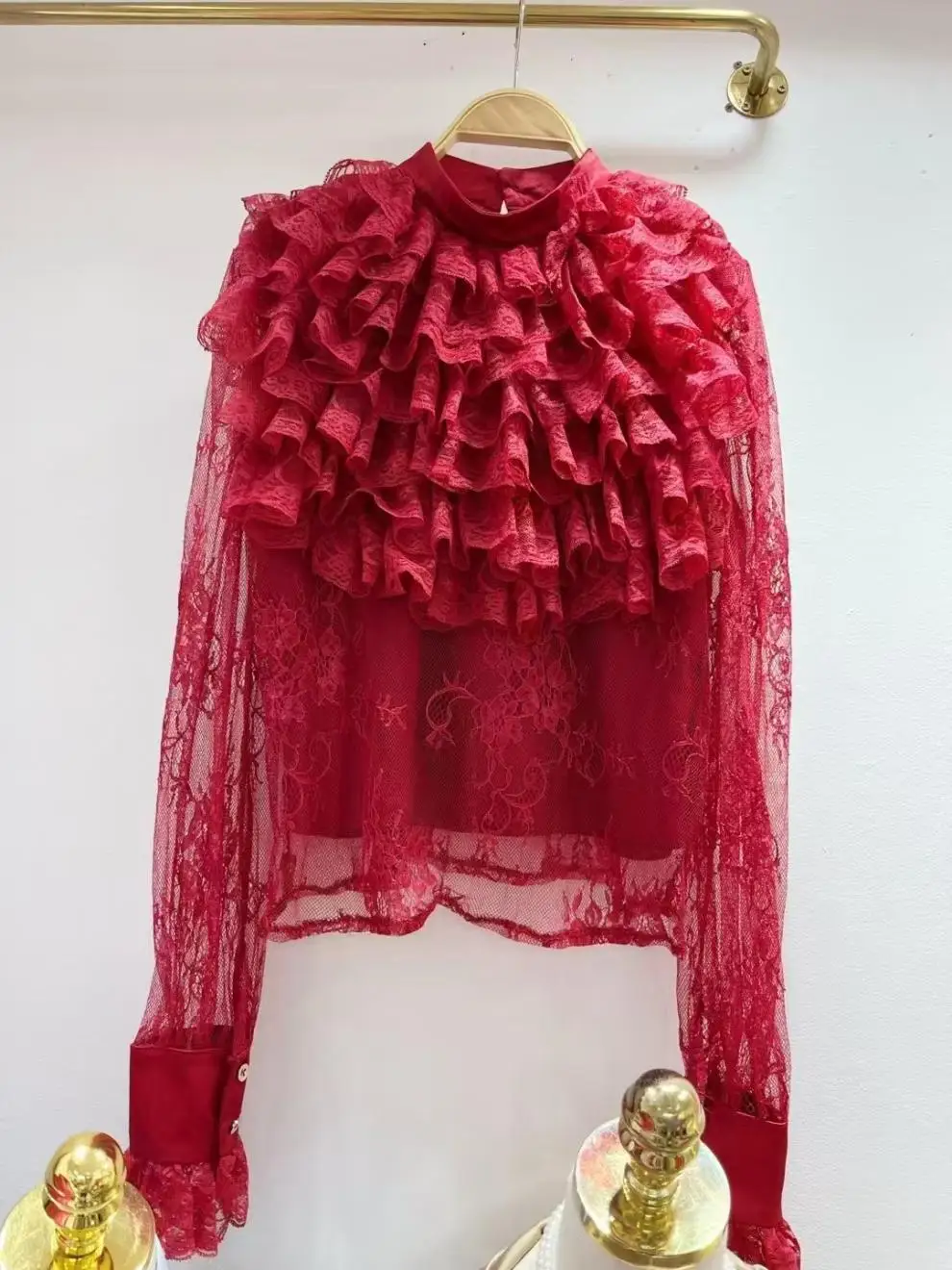 

2026 New Autumn Women French Style Stand Collar Flare Sleeve Shirt Multi Layer Ruffles Lace Patchwork Solid Color Shirt Tops