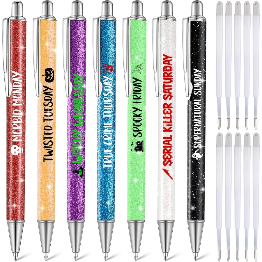 

7 шт. ручки для рождественского дня, Хэллоуина, дня недели, блестящие шариковые ручки с 10 черными чернилами, необычные подарки для кололы