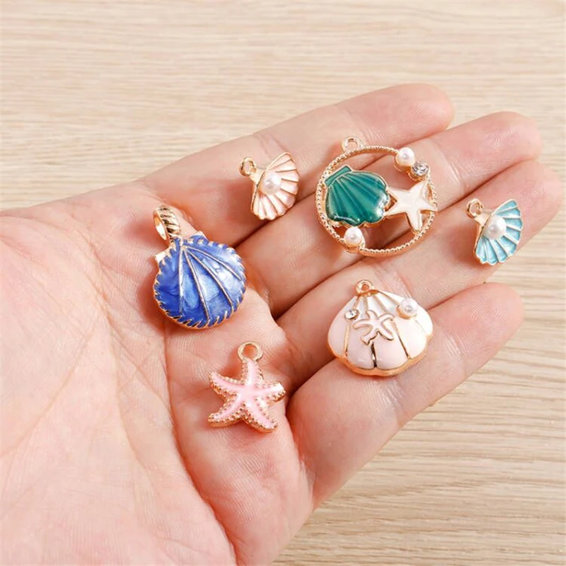 10pcs/lot Cartoon Enamel Starfish Pearl Shell Charms for Jewelry Making Alloy Marine Life Charms Pendants for DIY Necklaces Gift