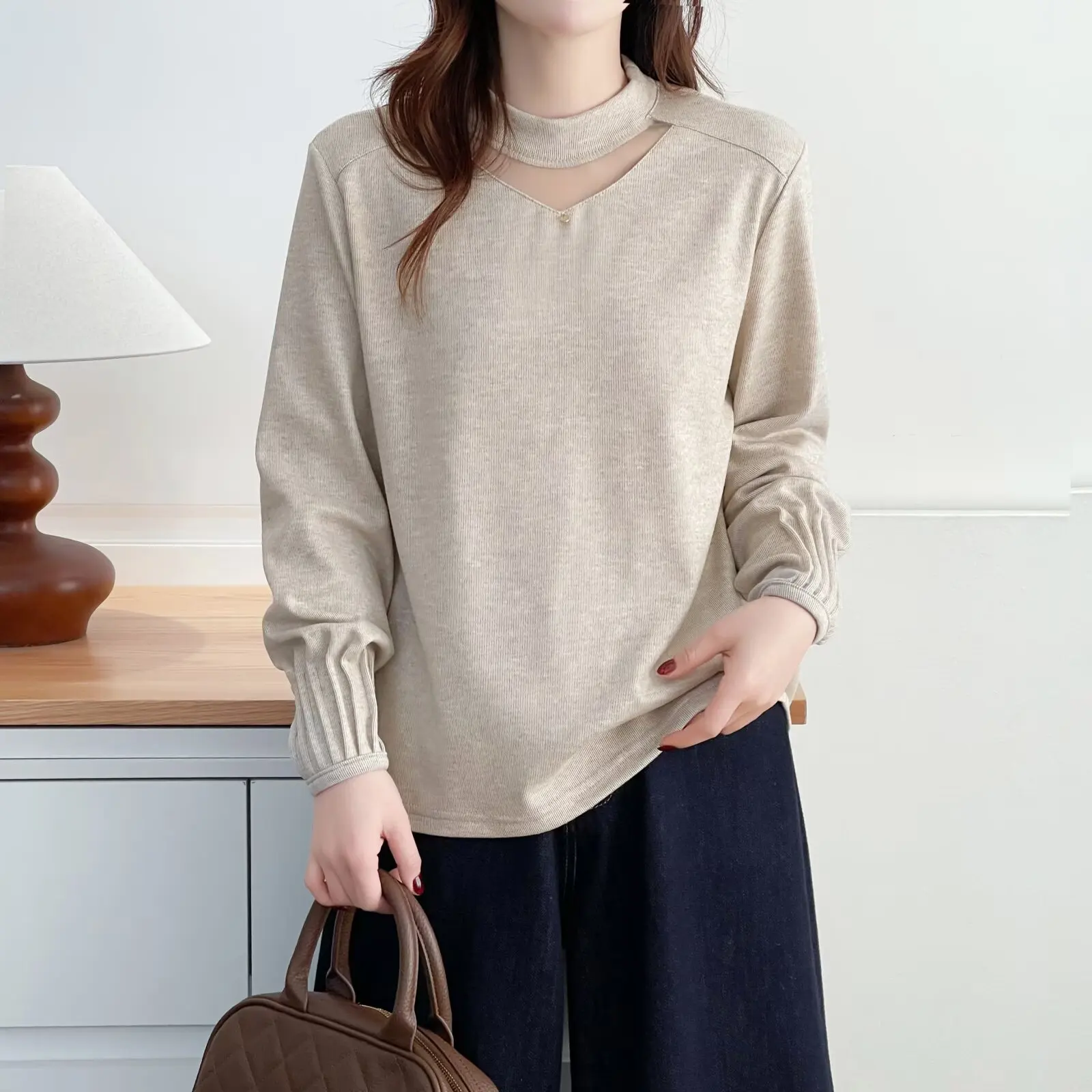 Xxxl moda plus size mulher roupas camiseta inverno malha retalhos colarinho velo quente dobrar punhos manga comprida base topos 895