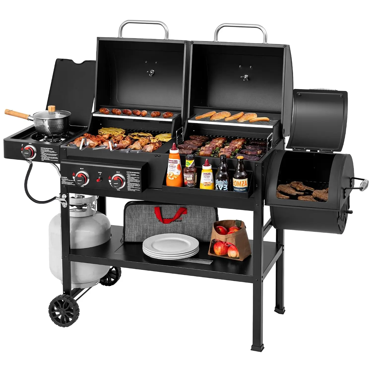 ZH3005Y 2-Burner Gas & Charcoal Grill Combo Black Offset Smoker 34000 BTU Dual Fuel 1020 Sq In Outdoor, Customized