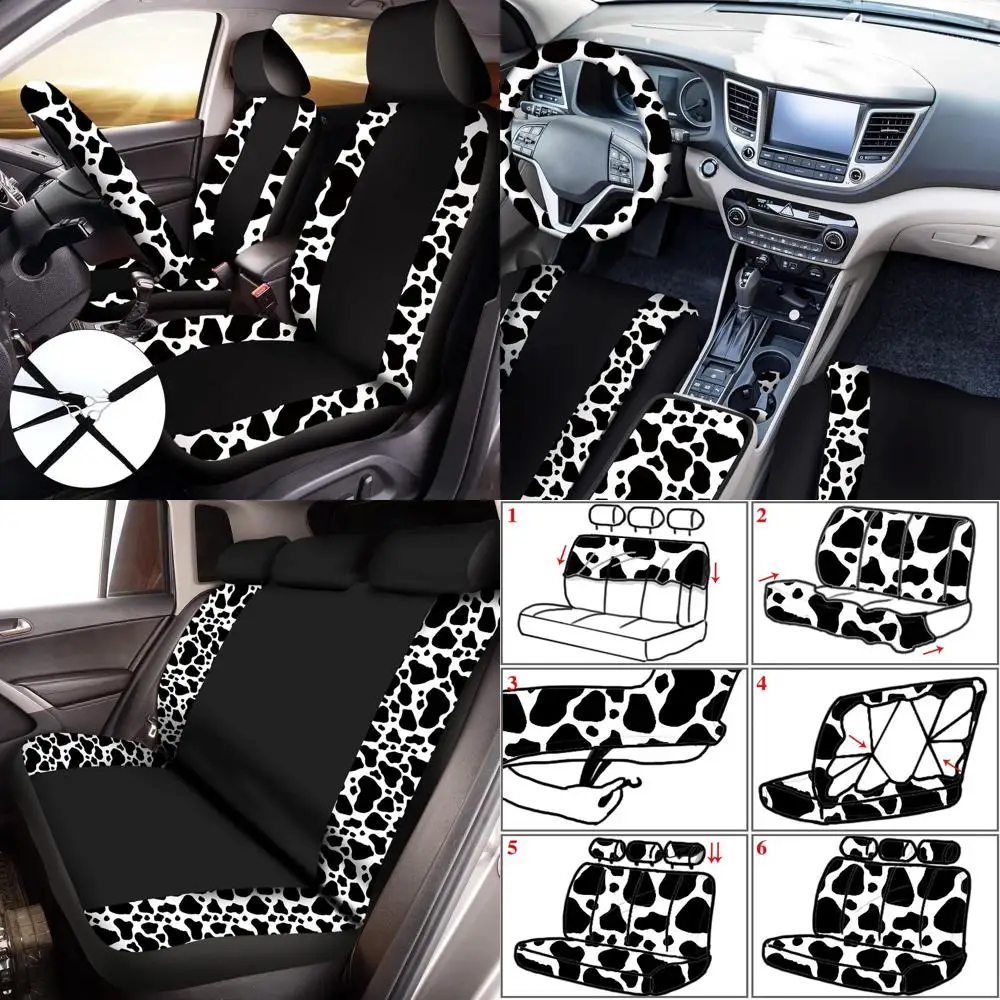 

26 Pcs Cow Print Car Accessories Cow Print Seat Covers Set Steering Wheel Cup Holders Foot Armrest Pads License Plate Seat Belt