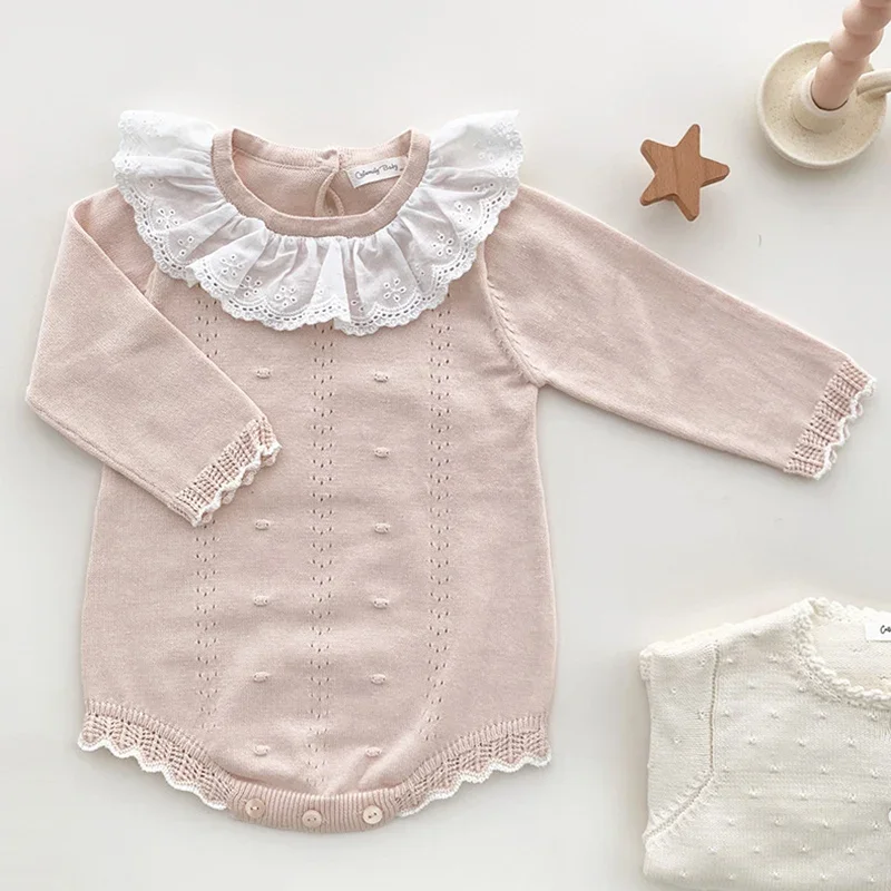 Autumn New Lace Baby Knitted Romper Girl Overall Baby Girls Romper Ruffle Long Sleeve Newborn Baby Clothes Infant Baby Jumpsuits