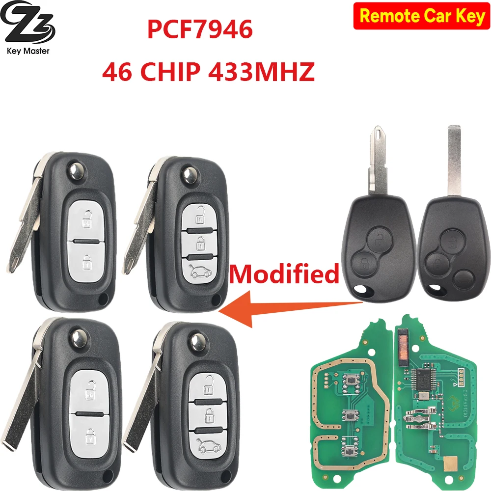 Zz Key 2/3BTN Modified Flip 433MhZ ID46 7946/7947 For Renault Vivaro Movano Traffic Master Kangoo Clio Dacia