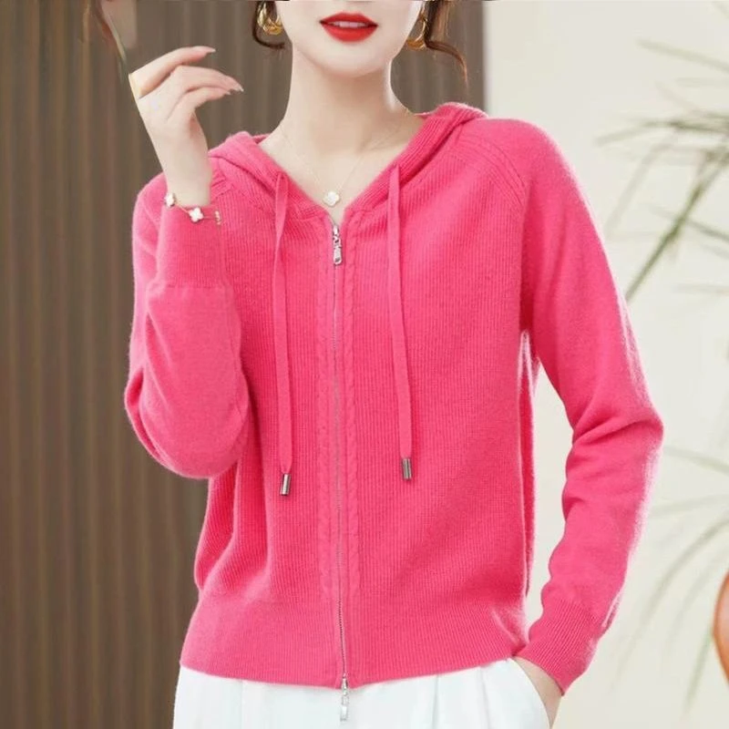 Women Hooded Knitted Cardigan Long Sleeve Sweater Sweatshirt Coats Zipper Cardigan Korean Fashion Tops Spring Autumn Jacket