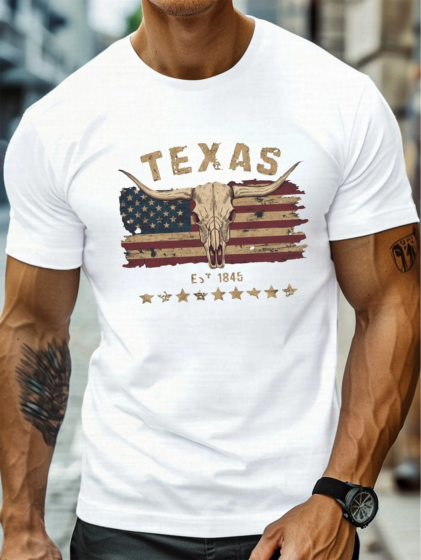 Camiseta para hombre con estampado de calavera de toro Texas Longhorn, camiseta informal de manga corta con cuello redondo, Top de verano ligero y cómodo