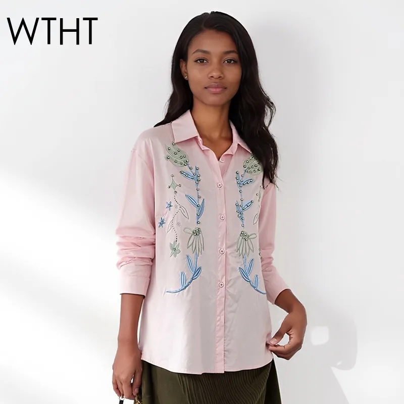 

WTHT 2026 Весенняя Новая Модная Женская Рубашка с 3D-вышивкой и бисером, Свободный крой, Модная Блузка с Длинными Рукавами, Женская 1LS2881