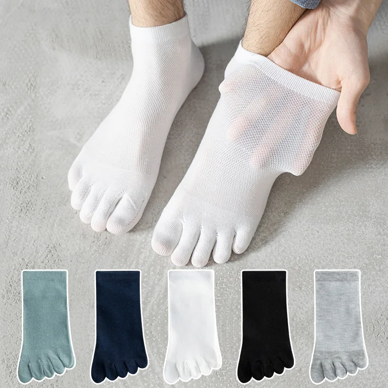 5 Pairs Man Boat Socks Toe Cotton Mesh Breathable Sweat-Absorbing Solid Thin Elastic Endurable 5 Finger Ankle Socks Student