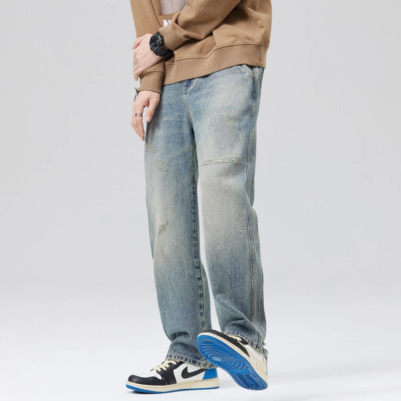 الأمريكية Sle عادية الدينيم الجينز الرجال شارع العليا الاتجاه هول واسعة الساق السراويل الطويلة الخريف Faion مستقيم قطع فضفاضة تناسب