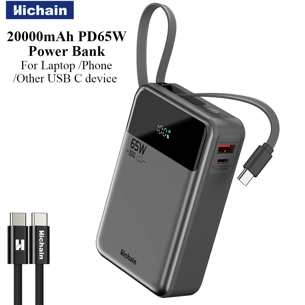 Hichain PD65W Power Bank 20000mAh Built-in USB-C Cable Multifunctional Phone Charger For Laptop Earphones Tablets Other Device