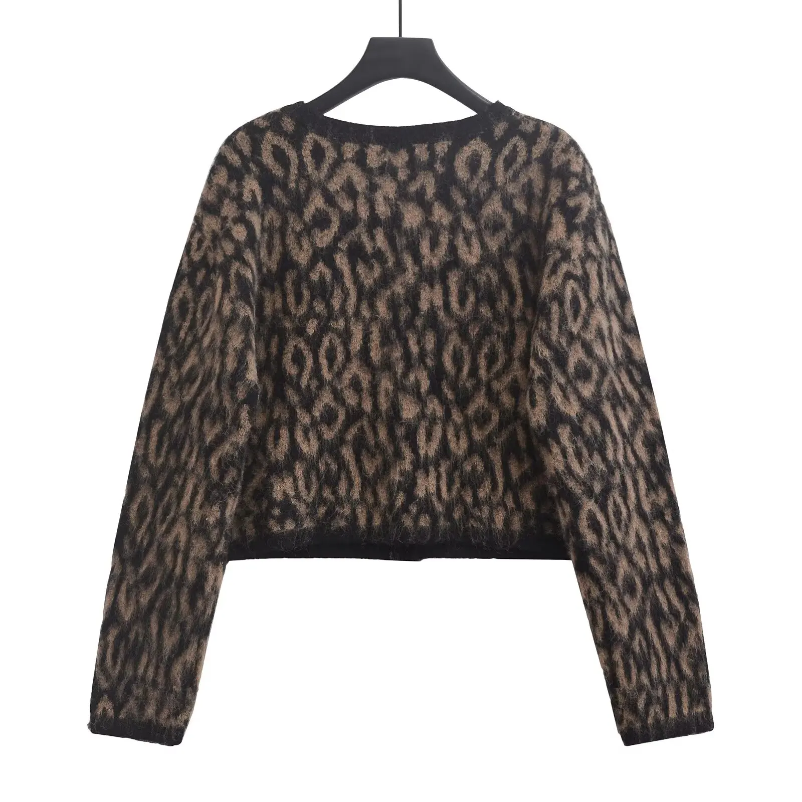 American Retro Brown Leopard Print Round Neck Knitted Cardigan Women\'s Single Breasted Short Sweater Jacket