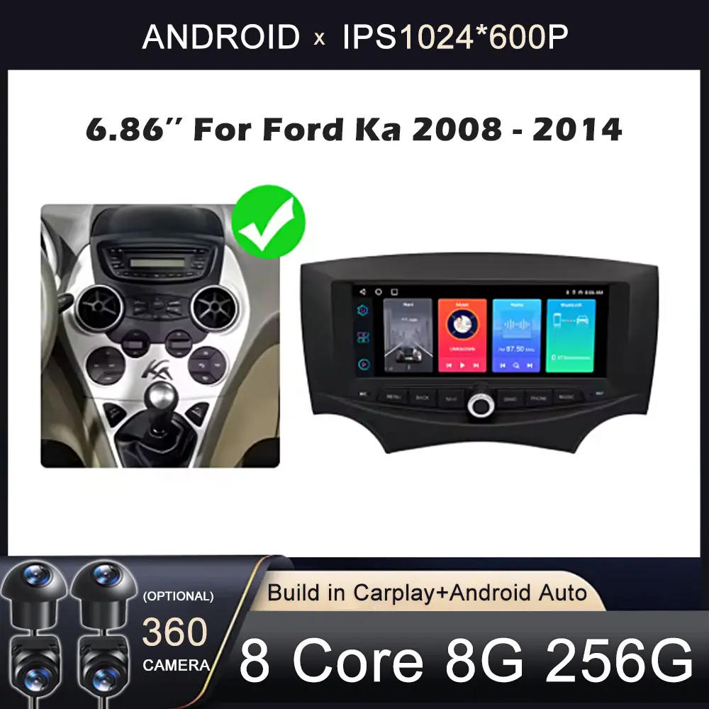 6.86'' For Ford Ka 2008 - 2014 Android 16 Wireless CarPlay Bluetooth Car Radio Video Multimedia Player WiFi GPS Navi DSP Stereo