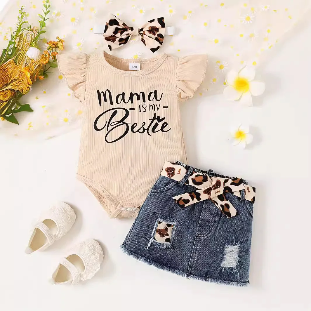 

2Pcs Baby Girl Outfit: Solid Top + Denim Skirt with English Print, Toddler Clothes Set