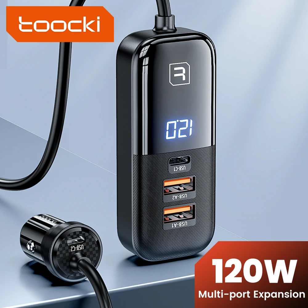 Toocki 120W Car Charger 4 Ports PD Quick Charger QC 3.0 PD 3.0 For iPhone 14 13 12 Samsung Type-C USB Charger USB Phone Charger